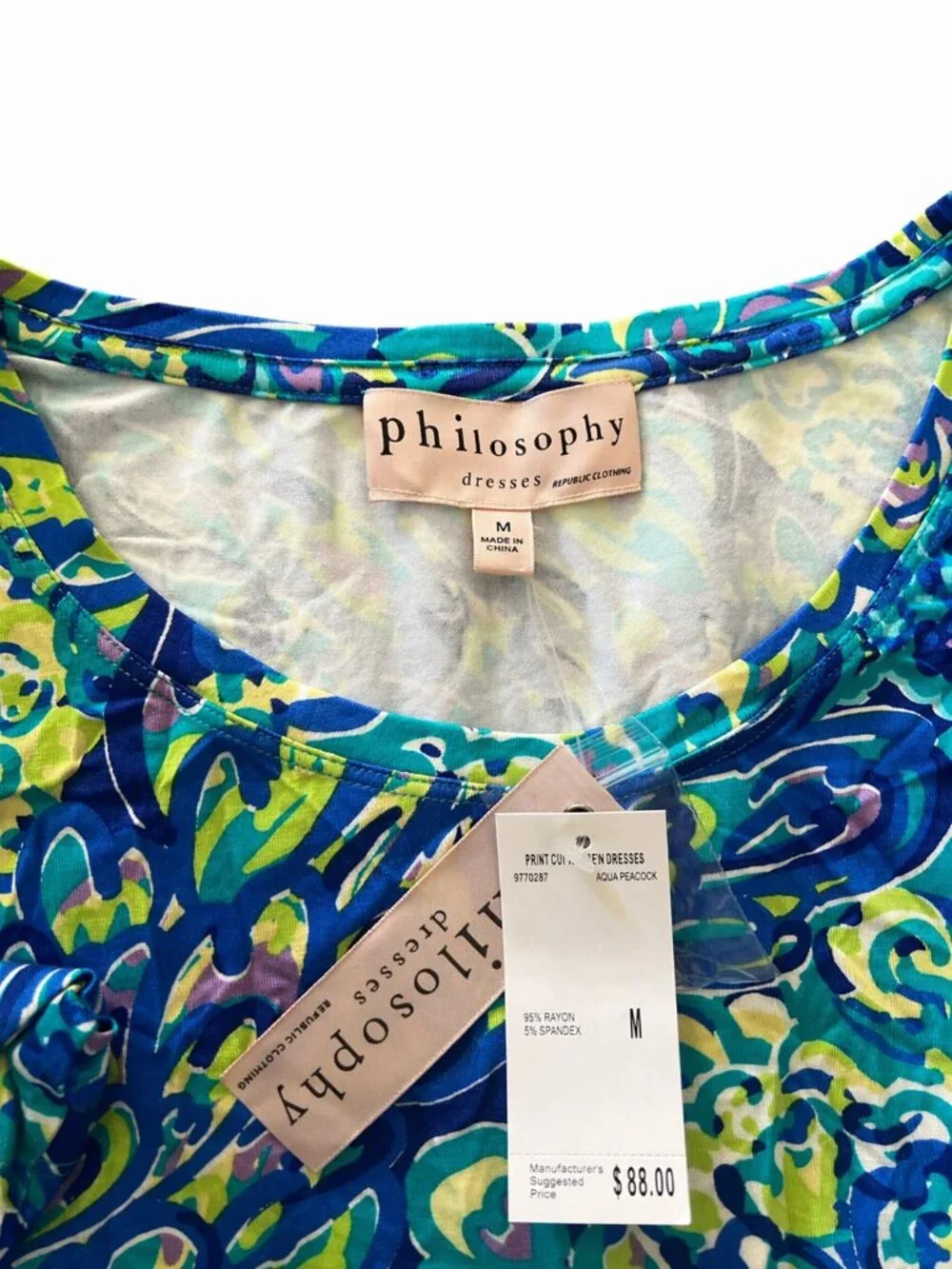 Philosophy Aqua Peacock Print Dress Knee Length S M L XL NWT - Picture 6 of 9